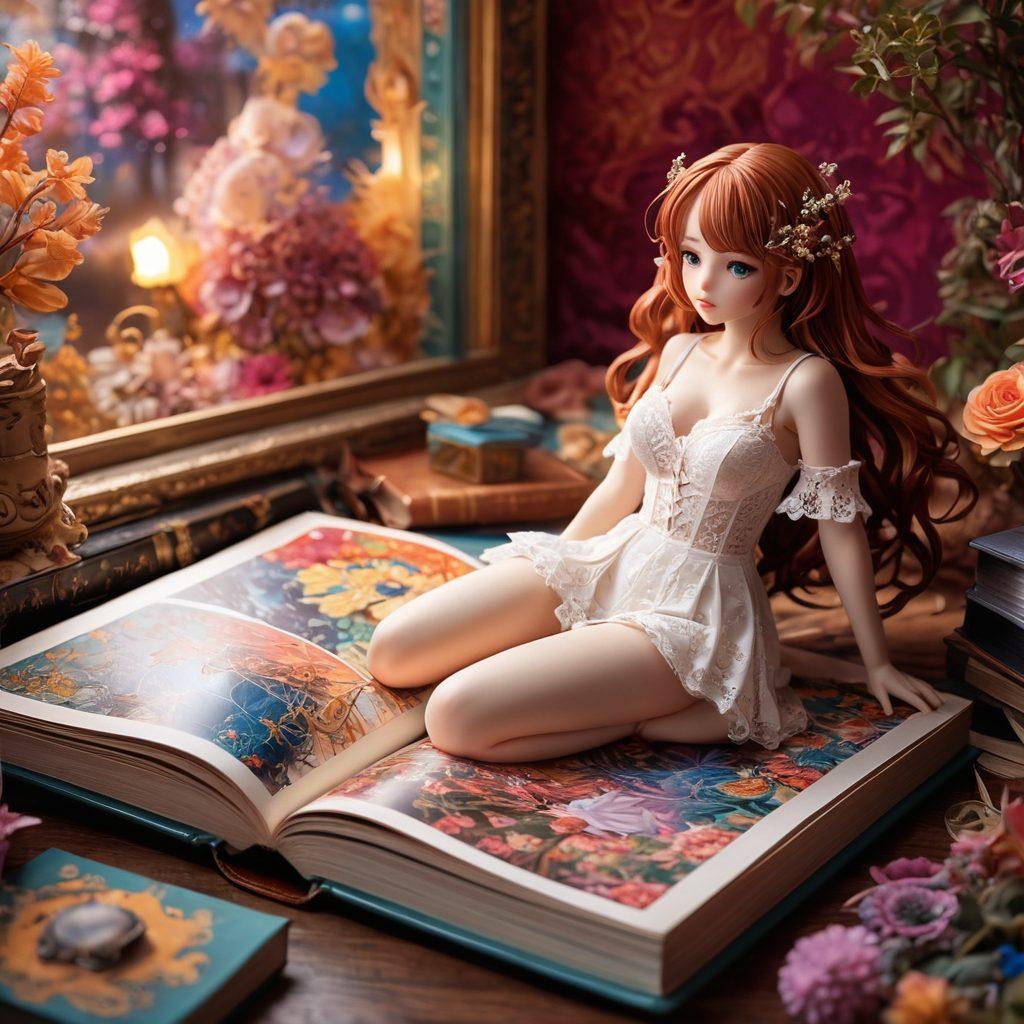An enchanting scene depicting an open hentai manga book with vivid, whimsical illustrations spilling out, surrounded by intriguing fetish elements like lace, leather, and vibrant props, all set against a soft, dream-like background. The image should evoke a sense of playful curiosity and exploration, with soft lighting highlighting the intricate details of the artwork. A subtle nod to both sensuality and creativity should be present. super-realistic. vibrant colors. soft focus.